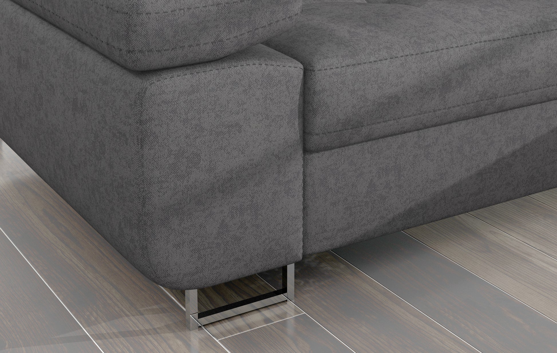 Detal narożnika Armando w szarej tkaninie Gusto 88 – widok na róg mebla i metalową nóżkę, układ prawy.