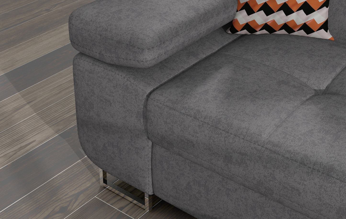Zbliżenie na podłokietnik narożnika Armando w tkaninie Gusto 88 szary, z poduszką w geometryczny wzór Zigzag 60, układ prawy.