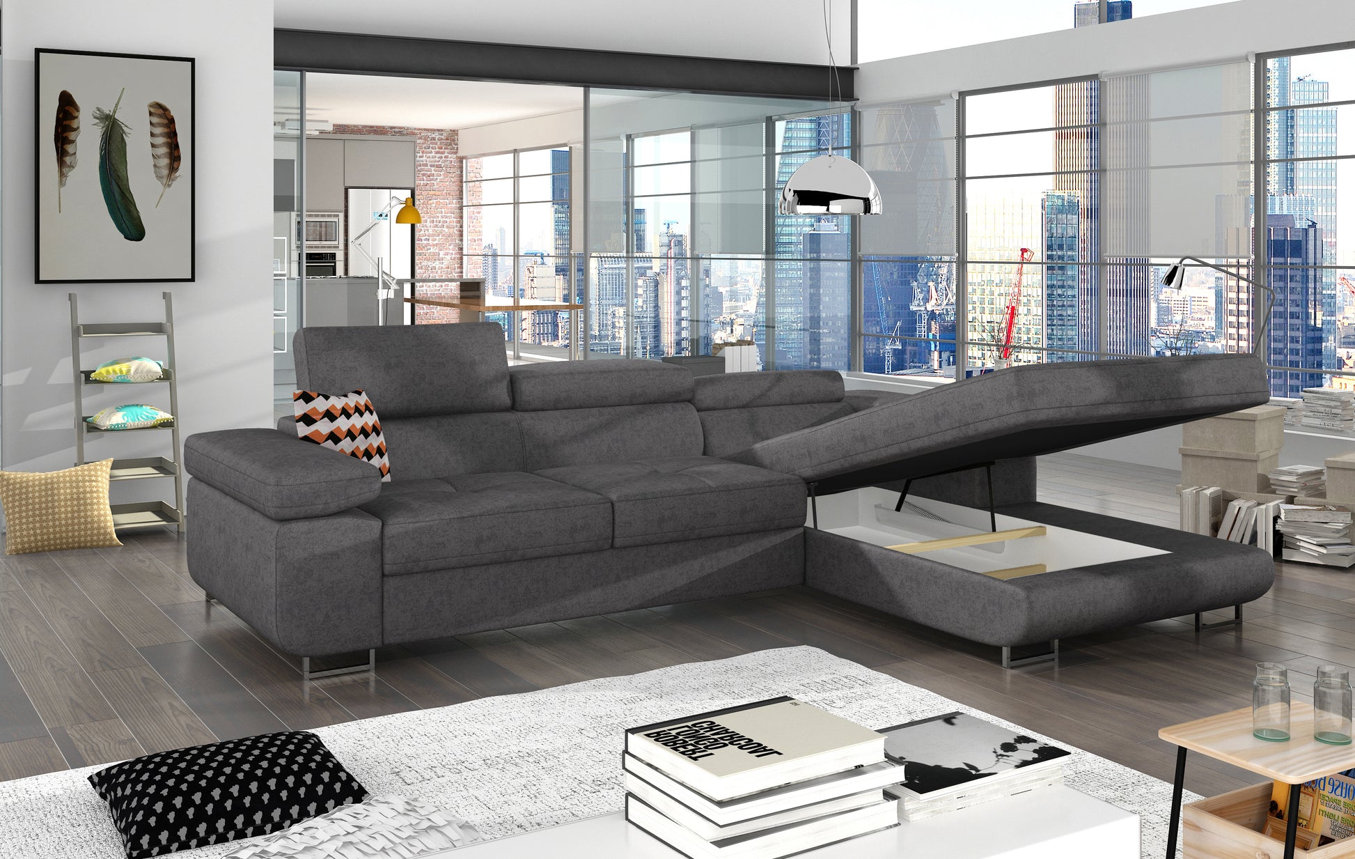 Narożnik Armando w szarej tkaninie Gusto 88, układ prawy, pokazany z otwartym pojemnikiem na pościel, poduszki dekoracyjne Zigzag 60.