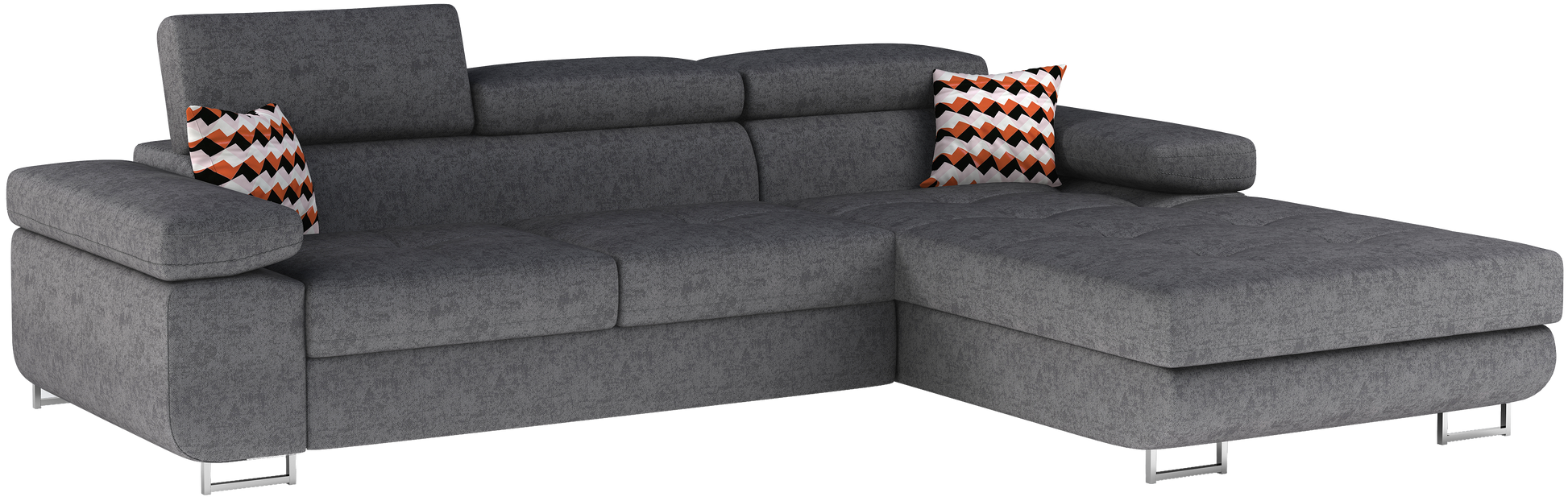 Narożnik Armando w układzie prawym, tapicerka Gusto 88 w odcieniu szarym z ozdobnymi poduszkami Zigzag 60, ujęcie produktowe na neutralnym tle, pełny widok sofy.