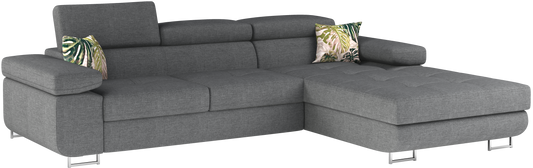 Narożnik Armando prawy w tkaninie Cover 83 szary i ekoskórze Soft 29 z ozdobnymi poduszkami Jungle 37 – ujęcie produktowe na neutralnym tle, widok całej sofy.