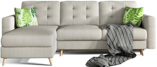 Narożnik Asgard L w kolorze Cover 02 z poduszkami Jungle 32 w stylu urban jungle, widok na białym tle z dekoracyjnym pledem w czerni i bieli.