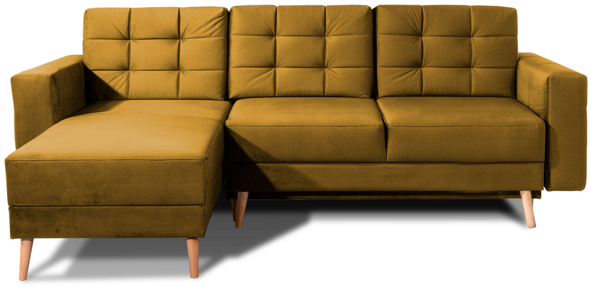 Narożnik Asgard L w kolorze Monolith 48 żółty, widok frontalny na białym tle, z widocznym lewym szezlongiem i drewnianymi nóżkami.