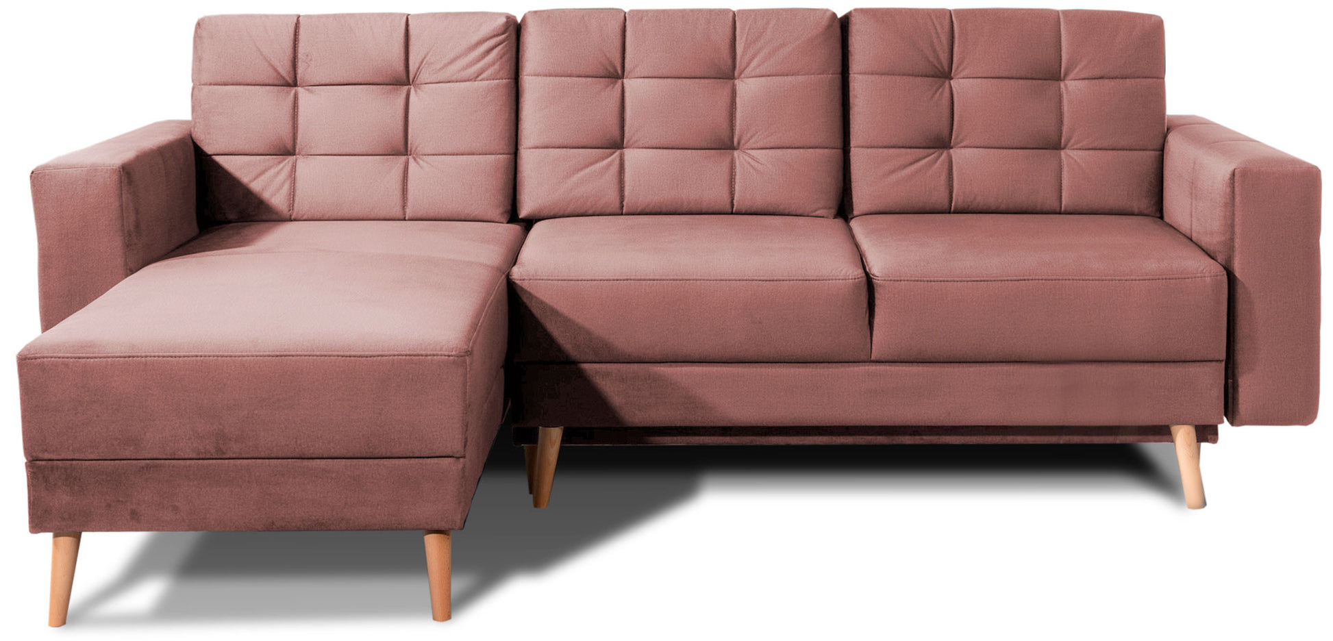Narożnik Asgard L w kolorze Monolith 63 różowy, układ uniwersalny, widok na całe mebel z pikowanym oparciem i drewnianymi nogami.
