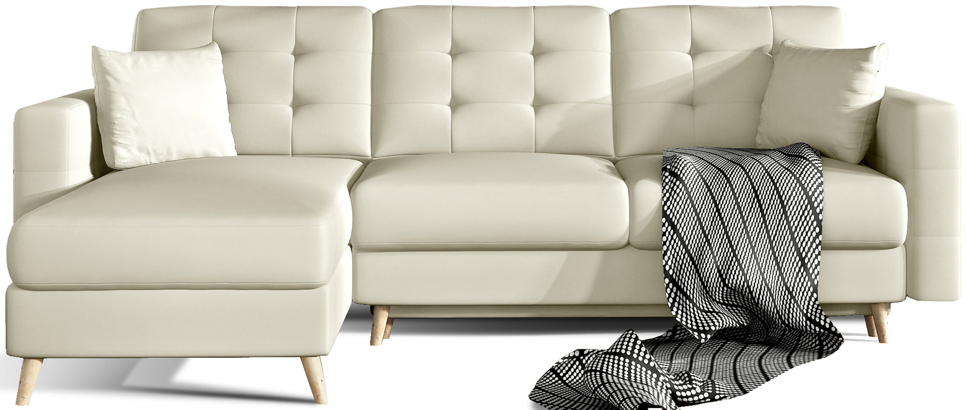 Narożnik Asgard L w kolorze Soft 33 jasnobeżowy, widok z przodu na białym tle, pikowane oparcia i siedziska, uniwersalny układ z szezlongiem po lewej stronie.