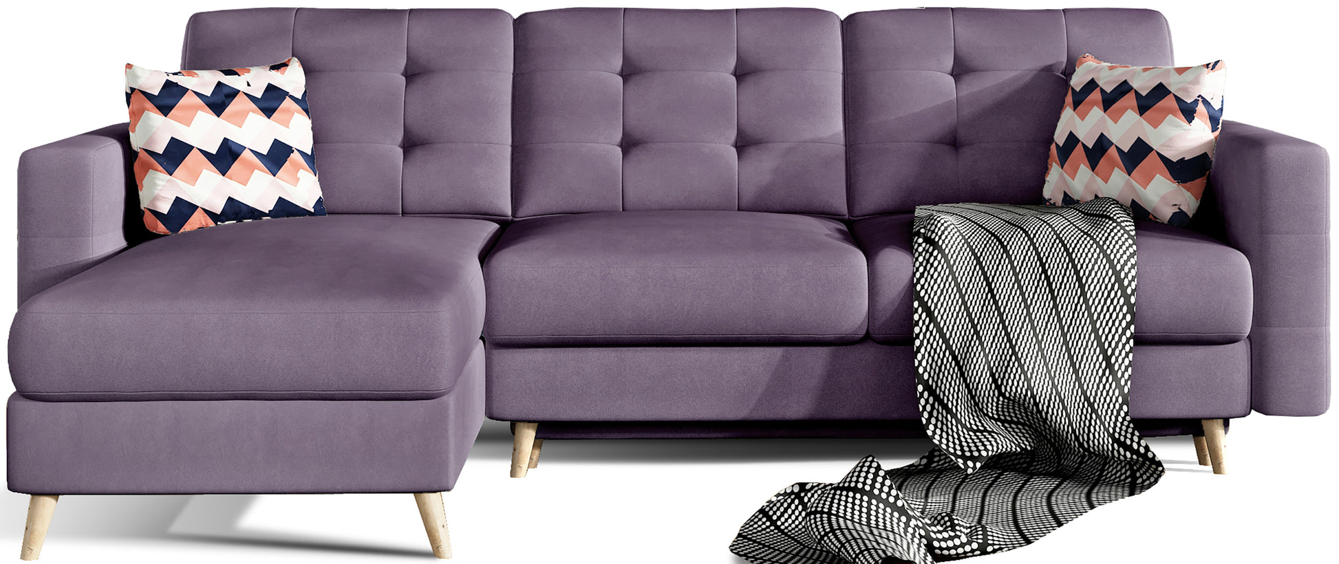 Narożnik Asgard L w kolorze jasnofioletowym Soro 65 z geometrycznymi poduszkami Zigzag 60 i czarno-białym pledem, widok na neutralnym tle.