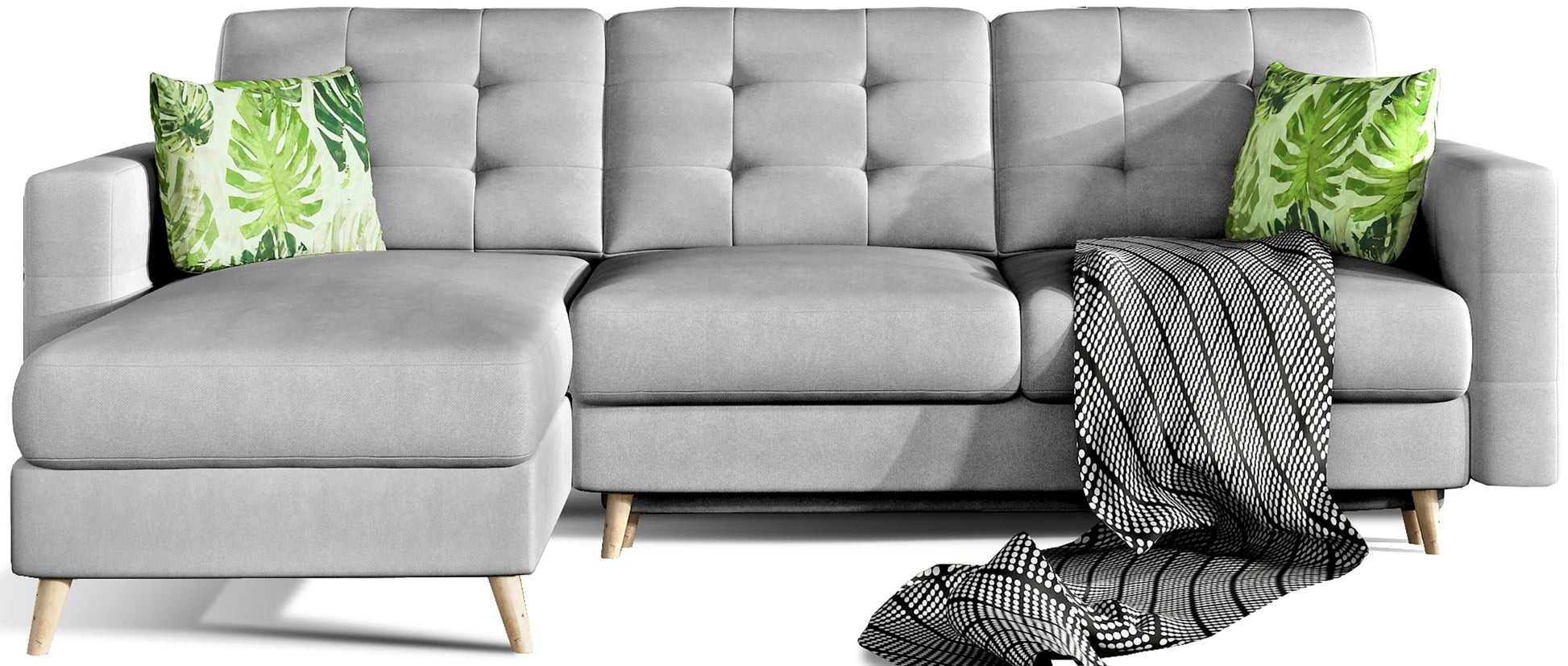 Narożnik Asgard L w kolorze jasnoszarym Soro 83 z poduszkami Jungle 32 – widok na sofę na białym tle, prezentacja detali i tapicerki.
