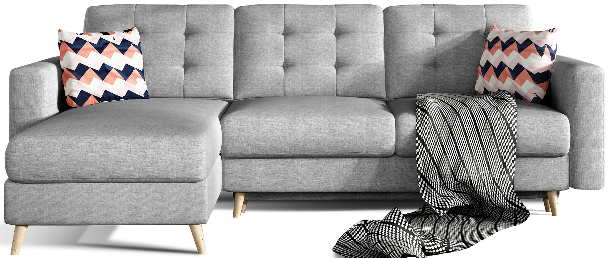 Narożnik Asgard L w kolorze Cover 87 z geometrycznymi poduszkami Zigzag 60, ciemnoszary odcień, widok z przodu na białym tle, nowoczesne wzornictwo z pikowanym oparciem i drewnianymi nogami.