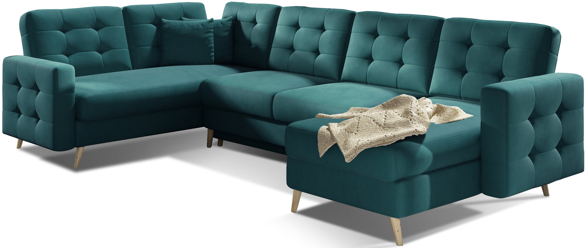 Zielony narożnik Asgard w układzie U w tkaninie MattVelvet 75 z pikowanym oparciem i miękkim siedziskiem. Elegancki design, drewniane nóżki oraz duża powierzchnia wypoczynkowa zapewniają komfort dla całej rodziny.