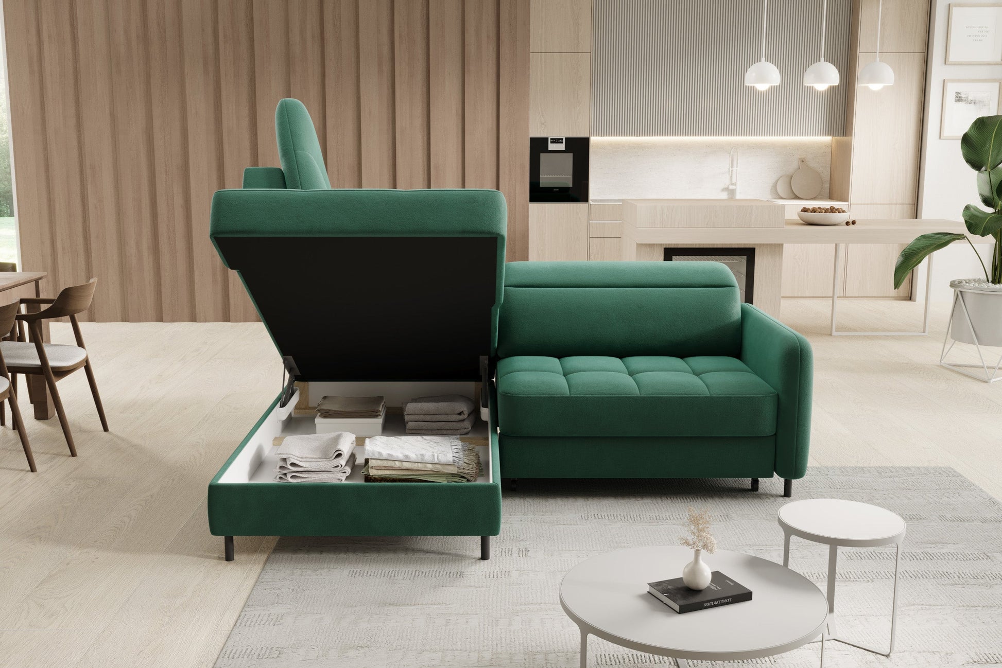 Detal siedziska narożnika Barea – pikowania i miękka tkanina Lukso 35 w kolorze zielonym