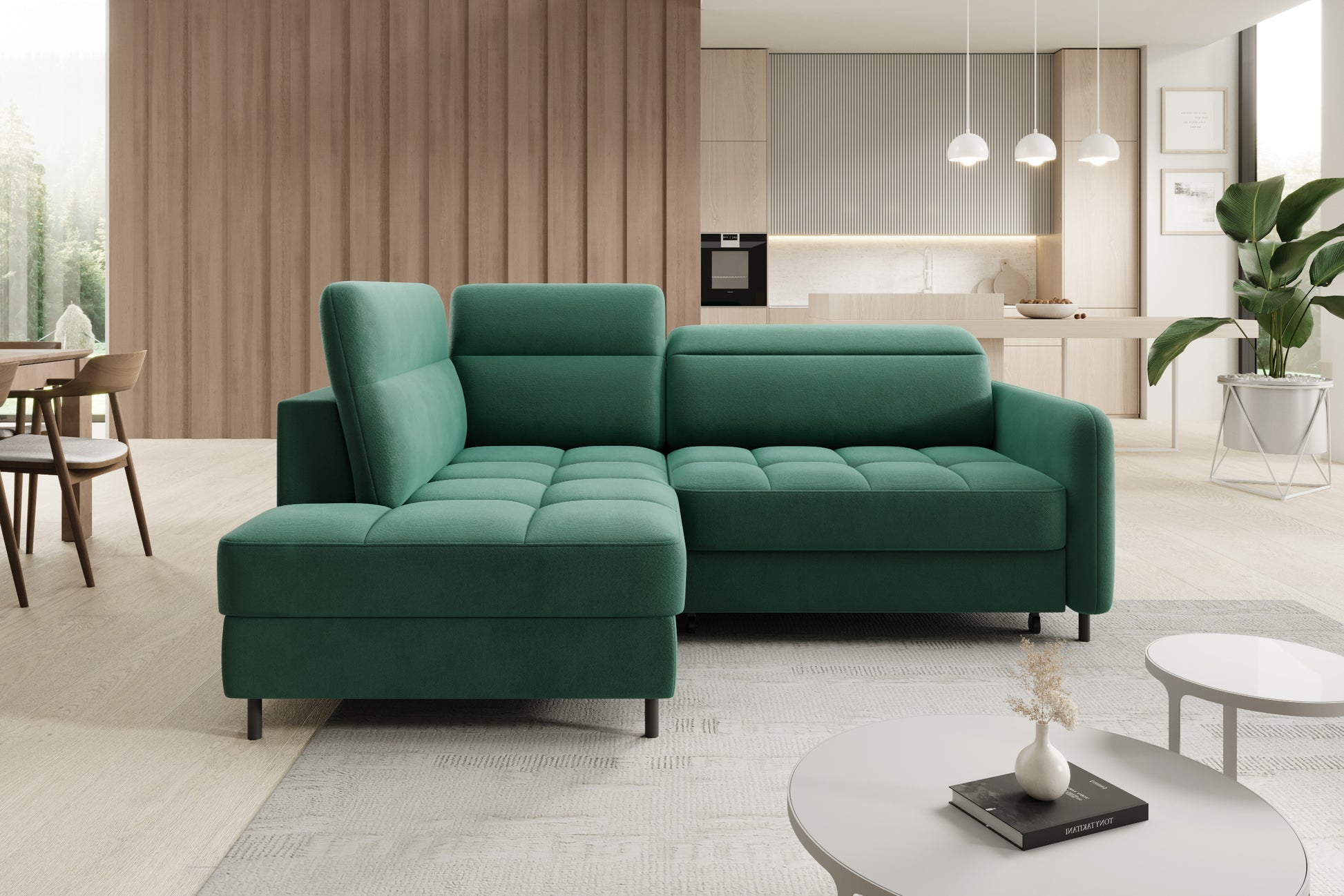 Narożnik Barea Lukso 35 zielony w salonie – ujęcie z przodu, układ prawy