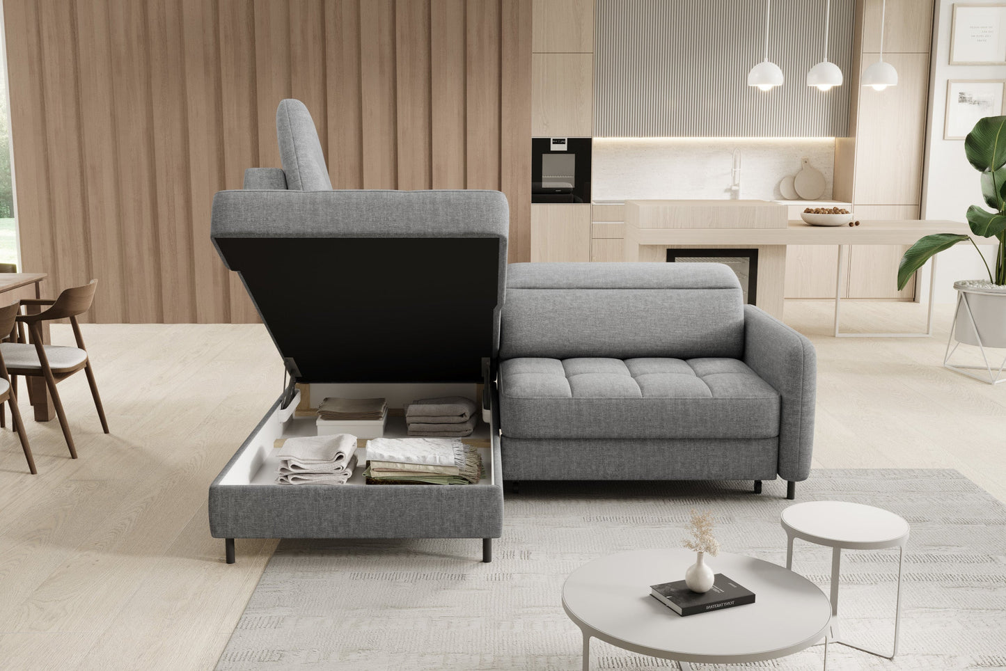 Narożnik Barea, Manhattan 03 jasnoszary, układ lewy, pojemnik na pościel.