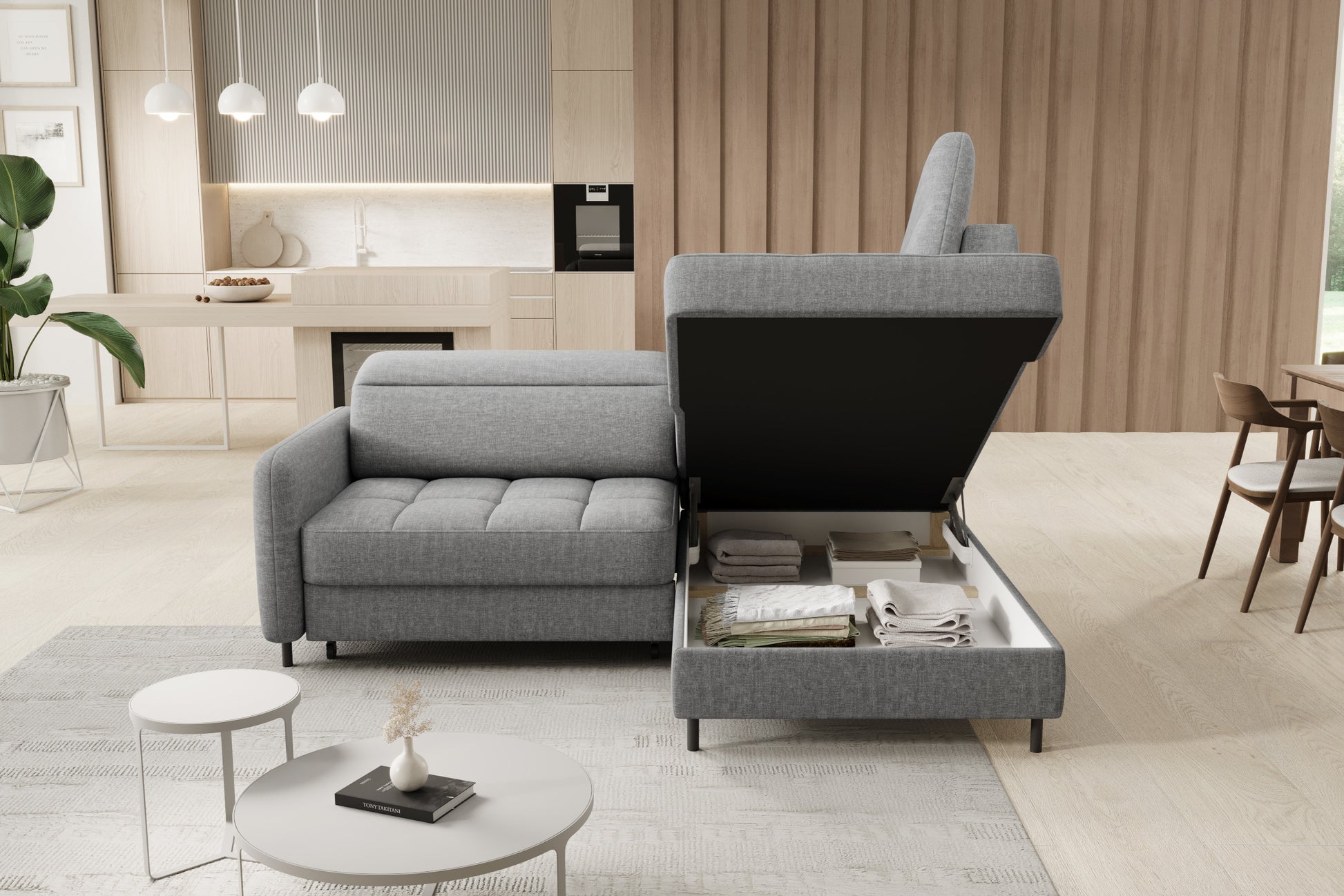 Narożnik Barea, Manhattan 03 jasnoszary, układ prawy, pojemnik na pościel.