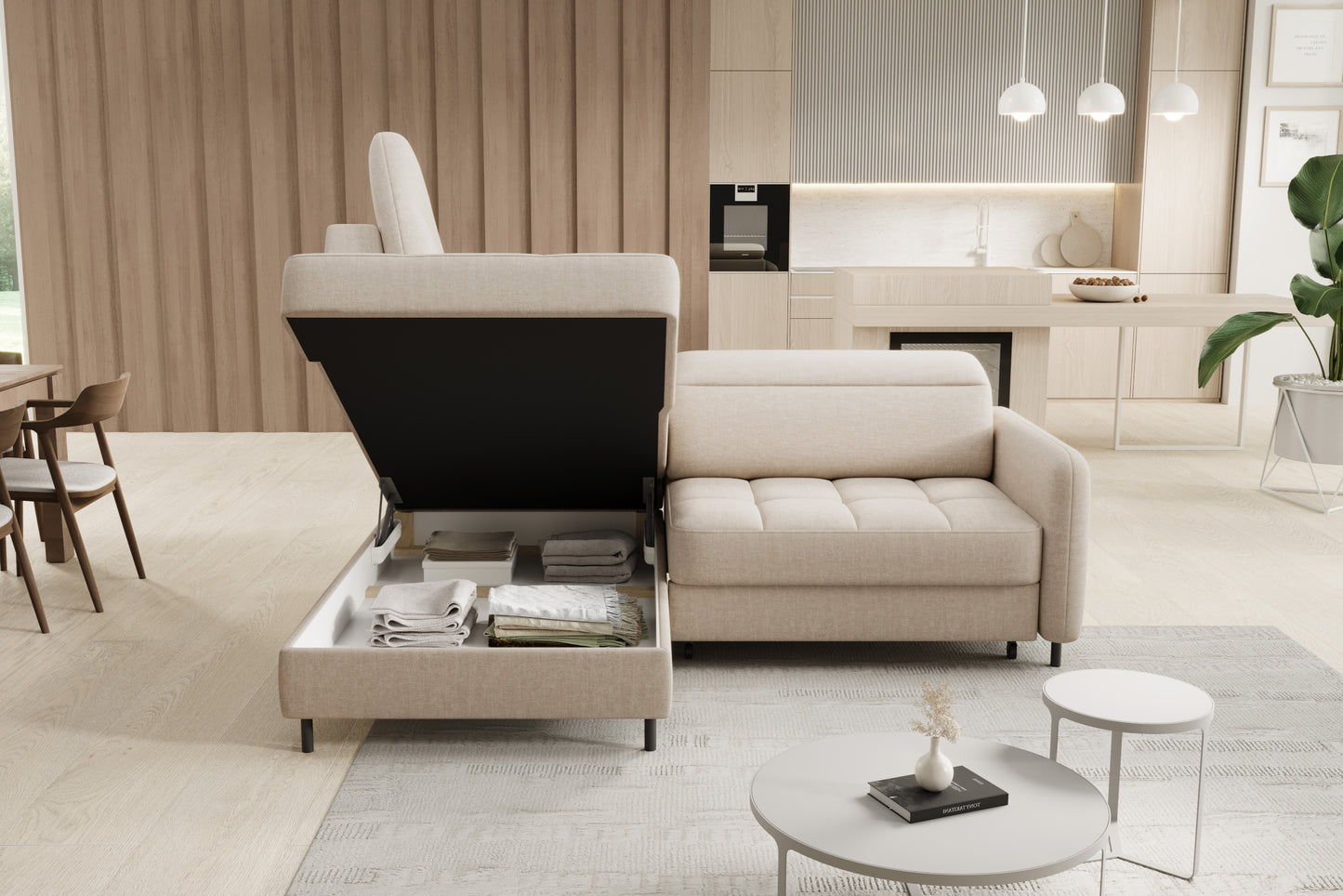 Narożnik Barea, Manhattan 18 jasnobeżowy, układ lewy, pojemnik na pościel.