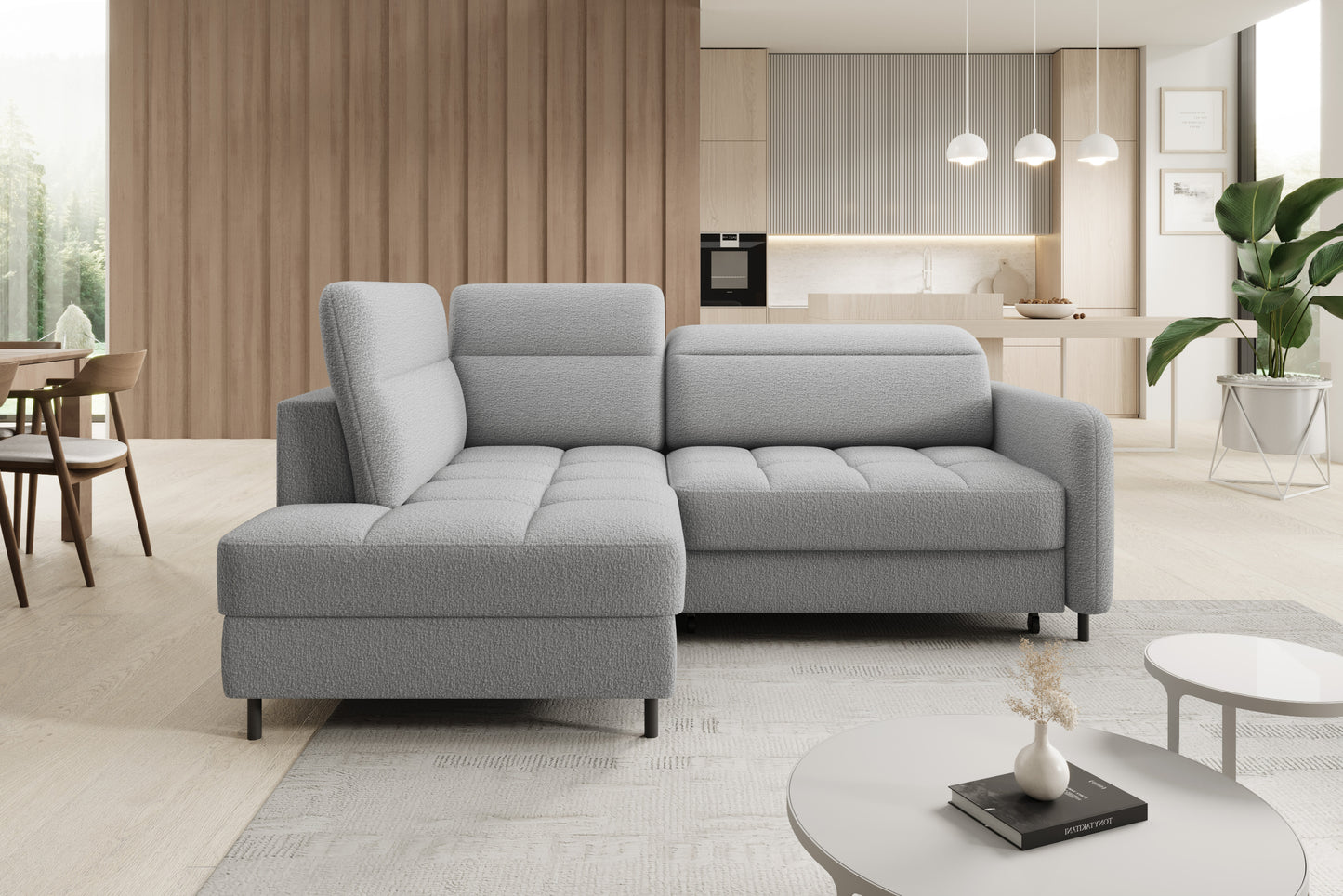 Narożnik Barea, Royal 04 szary, układ lewy w aranżacji salonu.