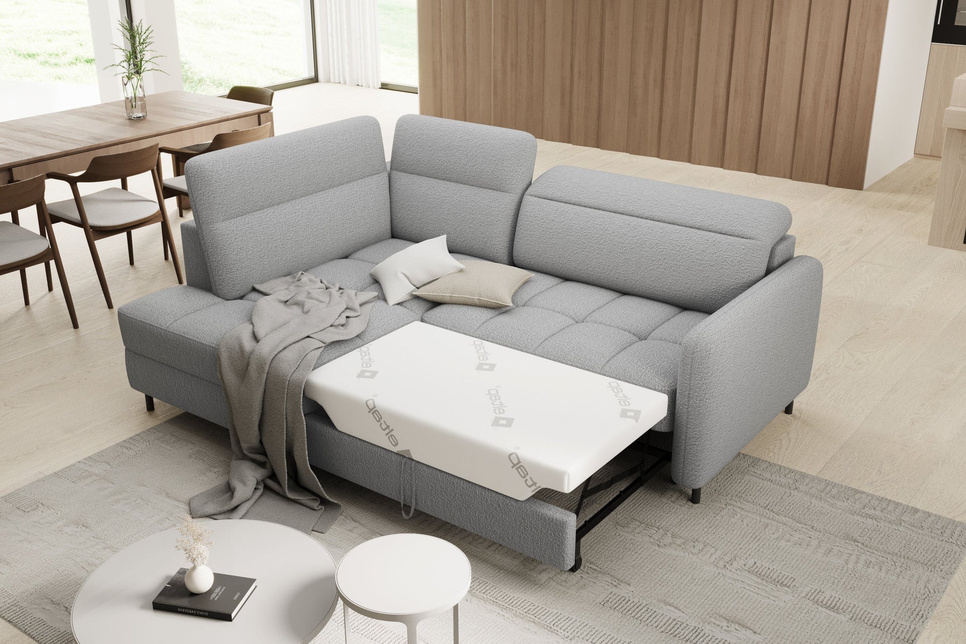 Narożnik Barea, Royal 04 szary, układ lewy, funkcja spania Delfin.