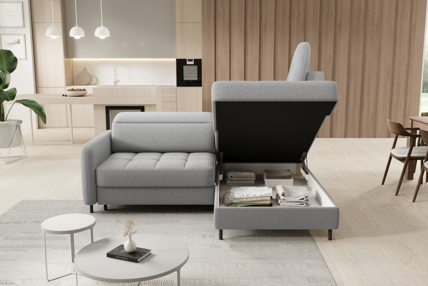 Narożnik Barea, Royal 04 szary, układ prawy, pojemnik na pościel.