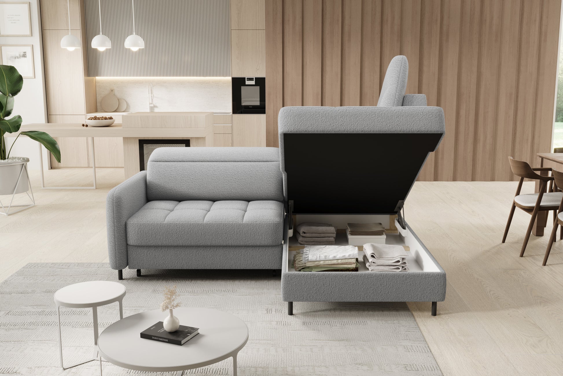 Narożnik Barea, Royal 04 szary, układ prawy, pojemnik na pościel.