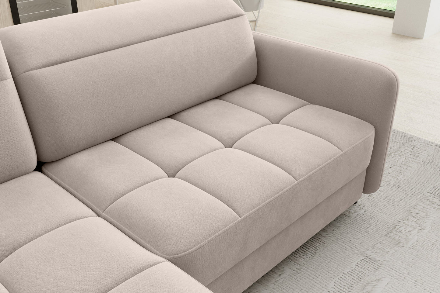 Narożnik rozkładany Barea Sola 18 jasnobeżowy, układ lewy – rozłożona funkcja spania