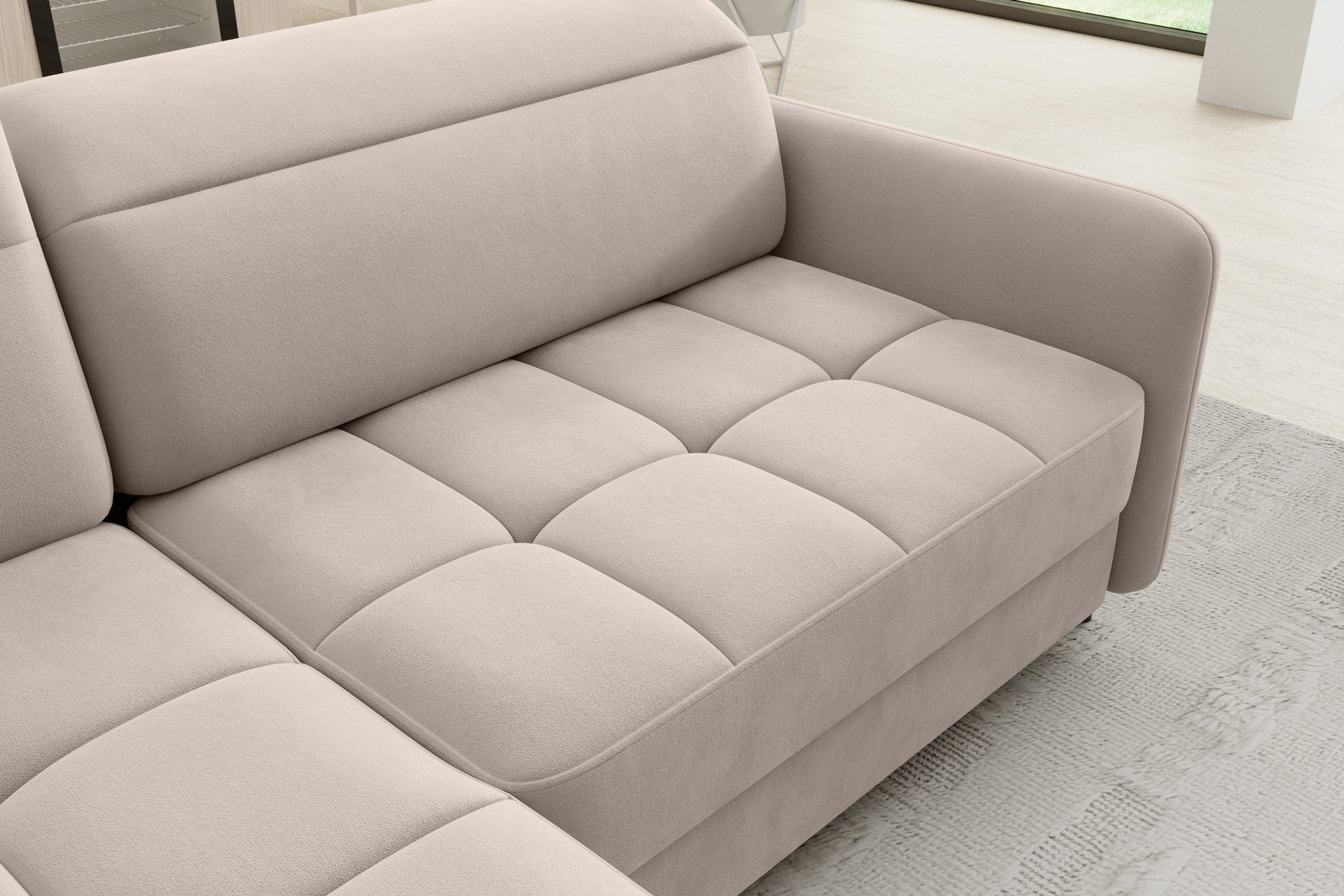 Narożnik rozkładany Barea Sola 18 jasnobeżowy, układ lewy – rozłożona funkcja spania