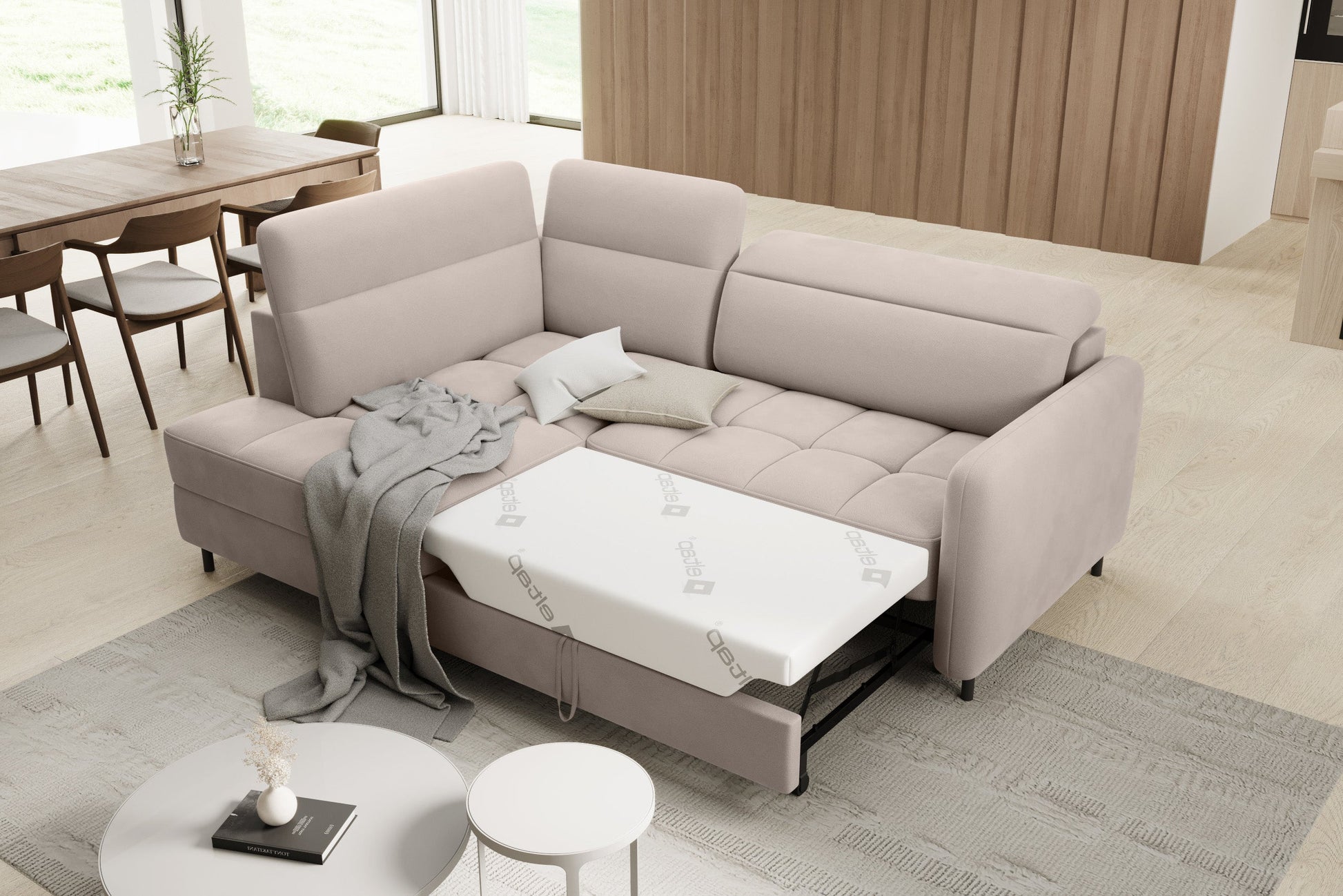 Detale pikowanego siedziska i wykończenia narożnika Barea Sola 18, układ lewy