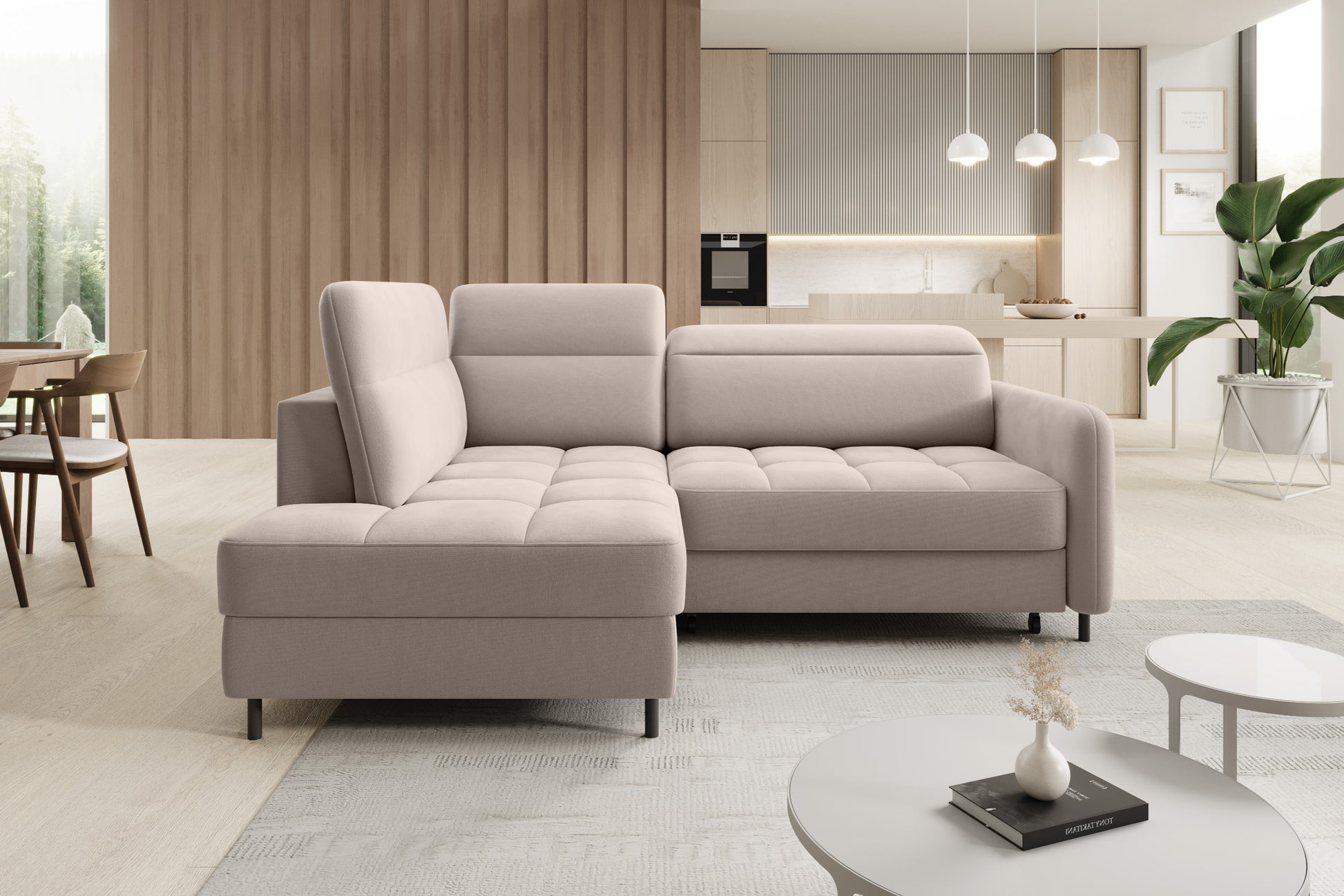 Narożnik Barea Sola 18 jasnobeżowy w aranżacji salonu, układ lewy