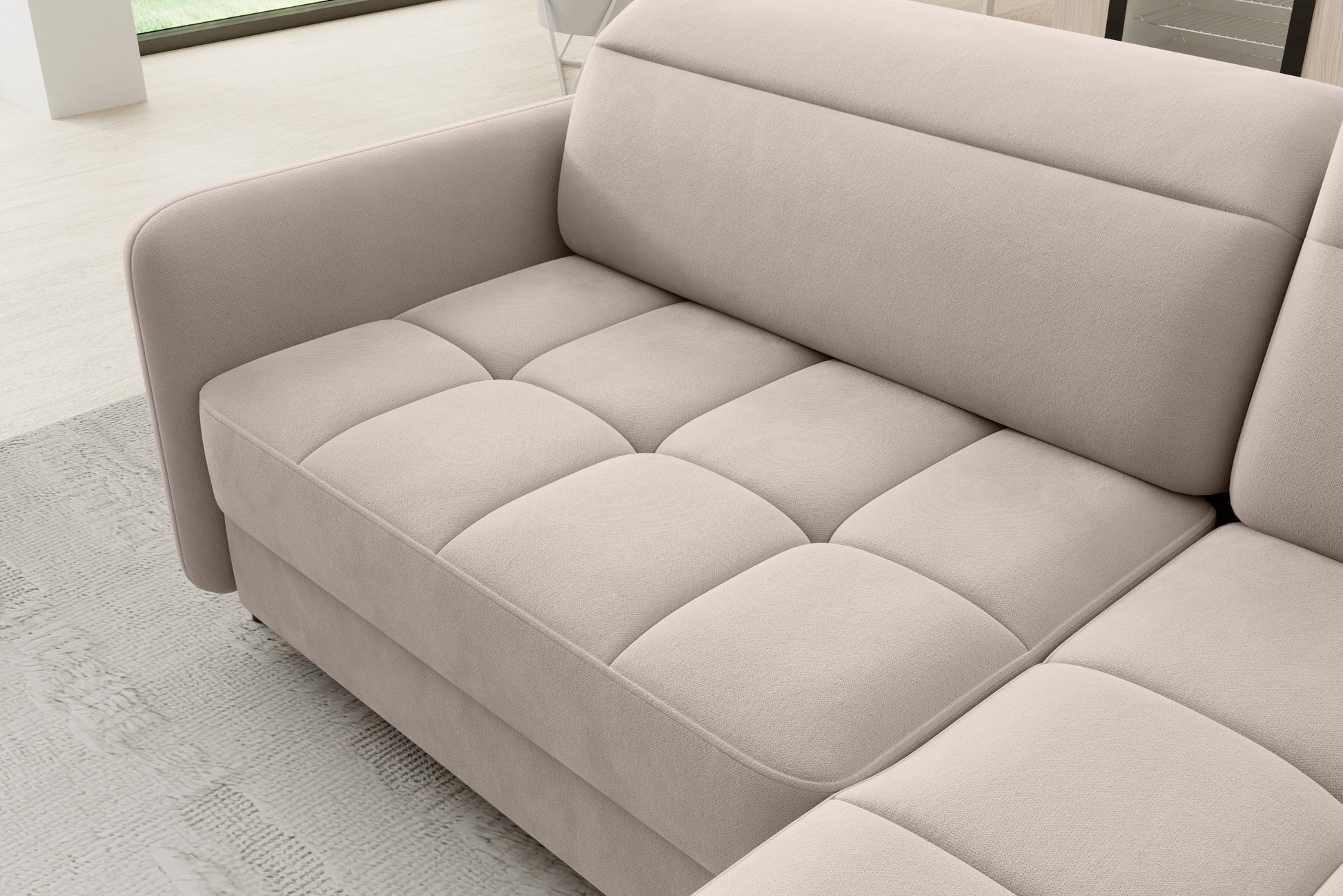 Narożnik rozkładany Barea Sola 18 jasnobeżowy, układ prawy – rozłożona funkcja spania