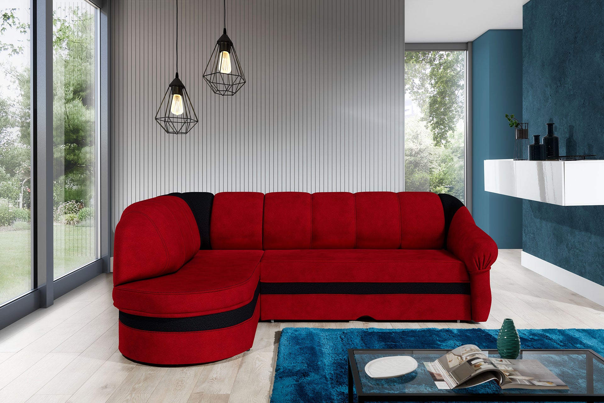 Narożnik Benano w aranżacji salonu, czerwony Alova 46 z czarnymi wstawkami Alova 04

