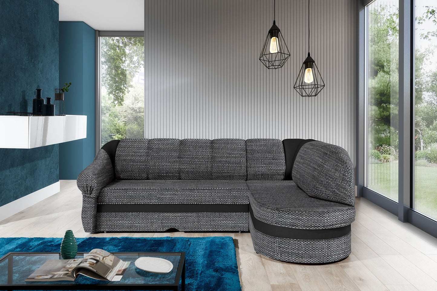 Narożnik Benano w aranżacji salonu, tapicerka Berlin 01 szary z czarnym wykończeniem Soft 11
