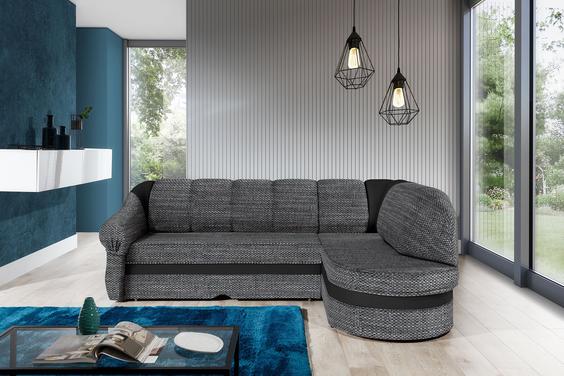 Narożnik Benano w aranżacji salonu, tapicerka Berlin 01 szary z czarnym wykończeniem Soft 11