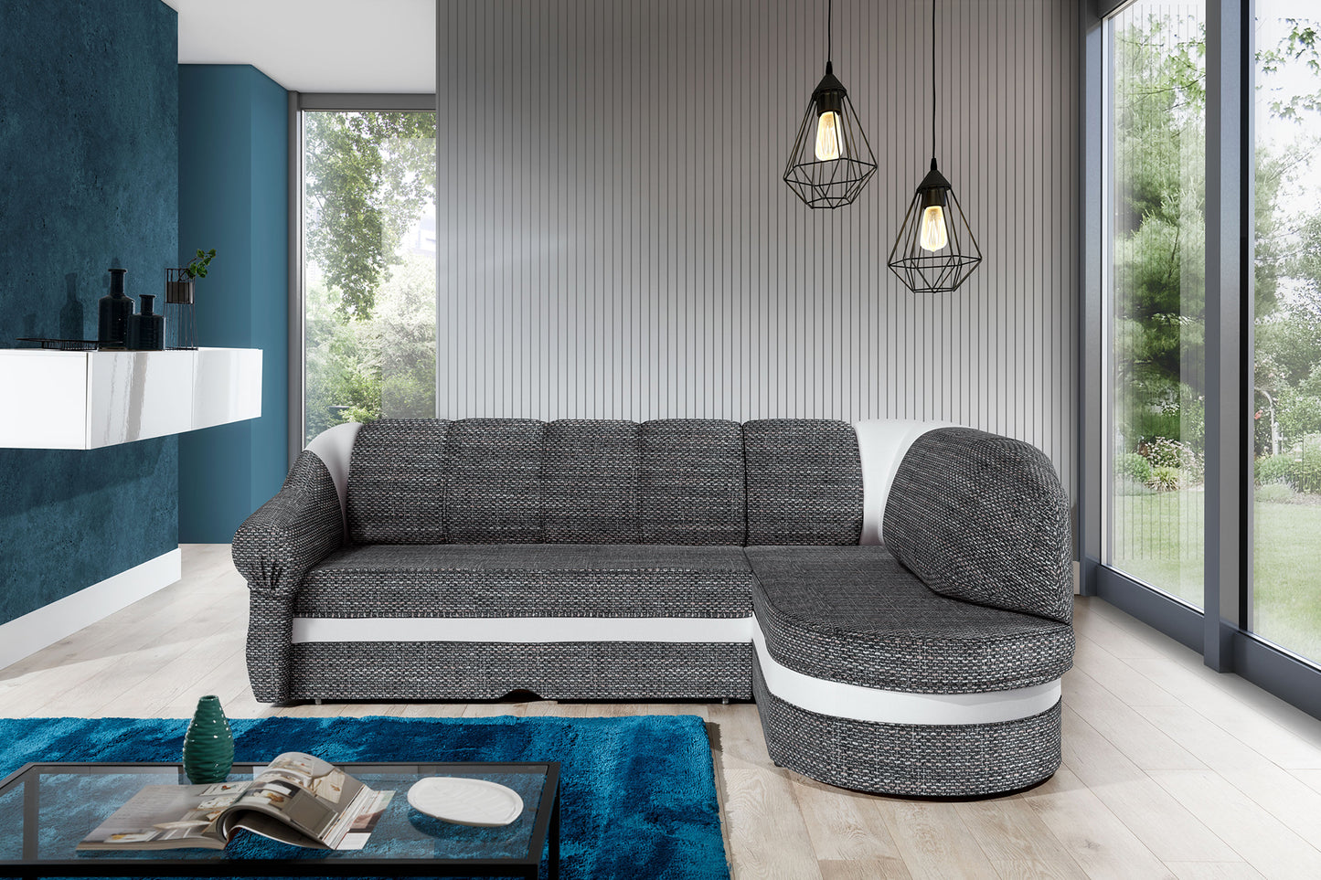 Narożnik Benano w aranżacji salonu, tapicerka Berlin 01 szary z białym wykończeniem Soft 17