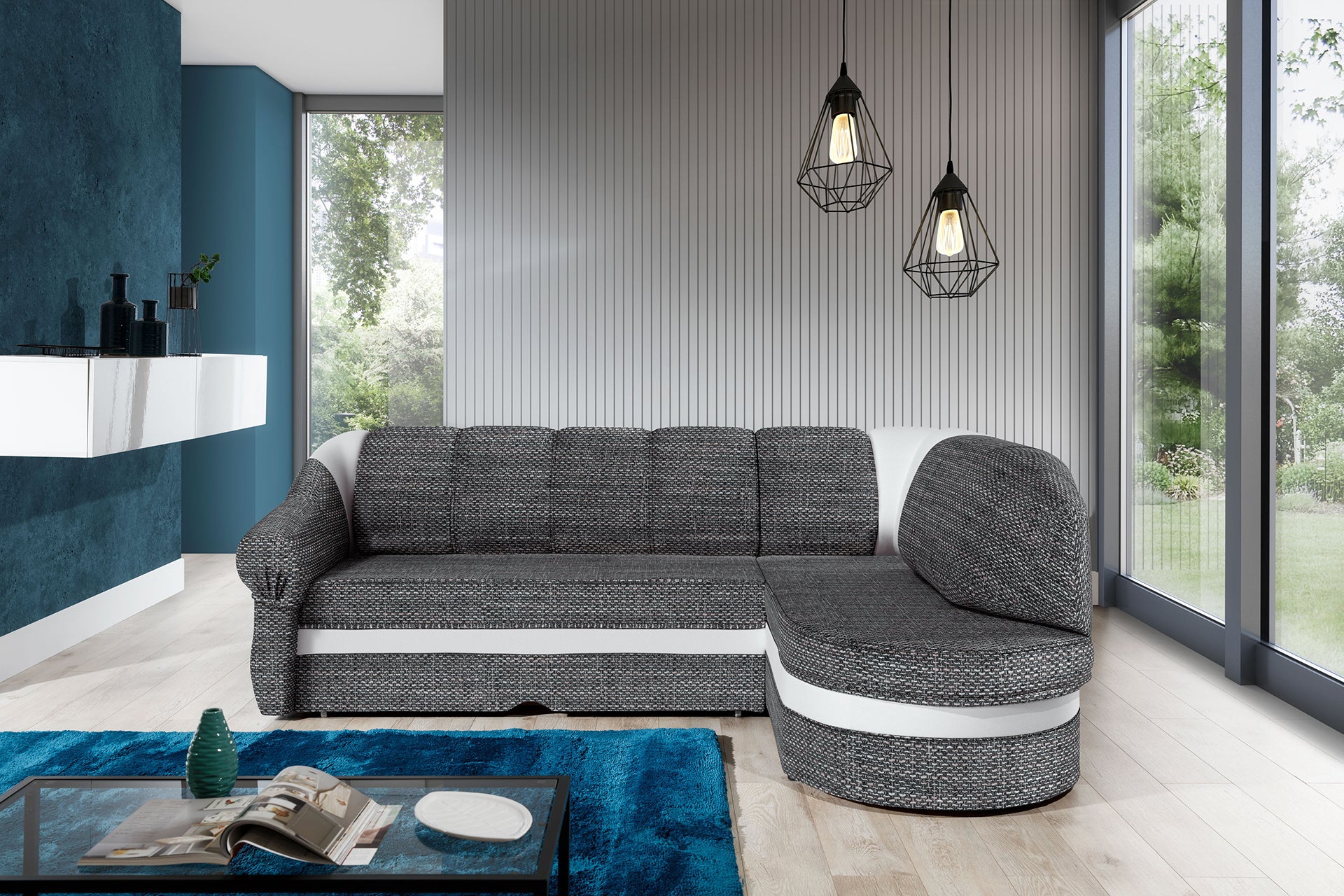 Narożnik Benano w aranżacji salonu, tapicerka Berlin 01 szary z białym wykończeniem Soft 17