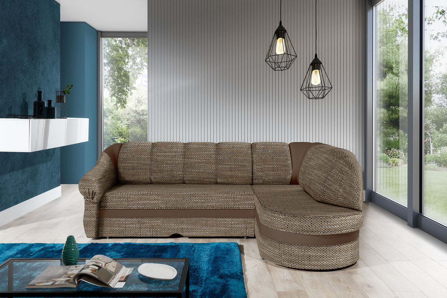 Narożnik Benano w aranżacji salonu, tkanina Berlin 03 ciemnobeżowa z wykończeniem Soft 15 ciemnobeżowy