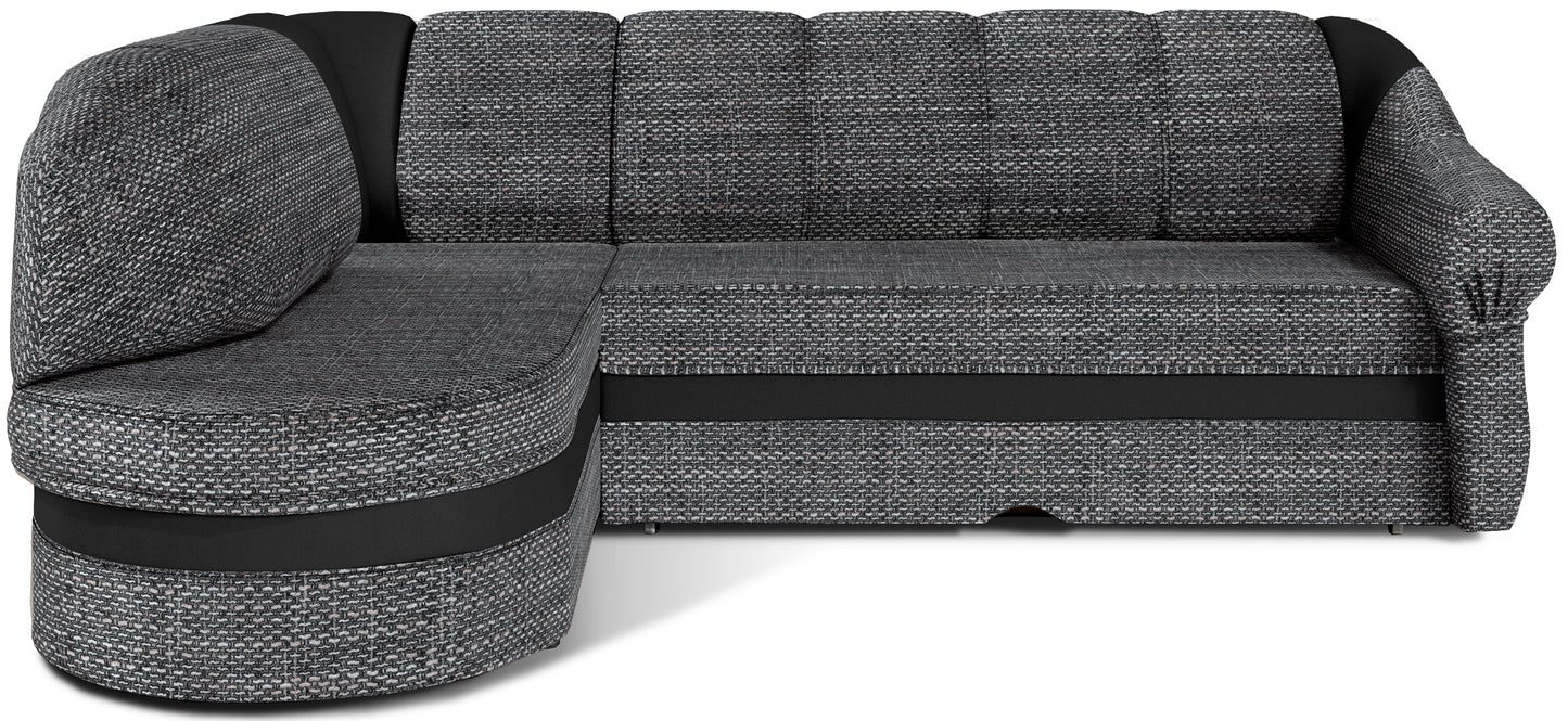 Narożnik Benano, tkanina Berlin 01 szary i Soft 11 czarny, widok z przodu na białym tle