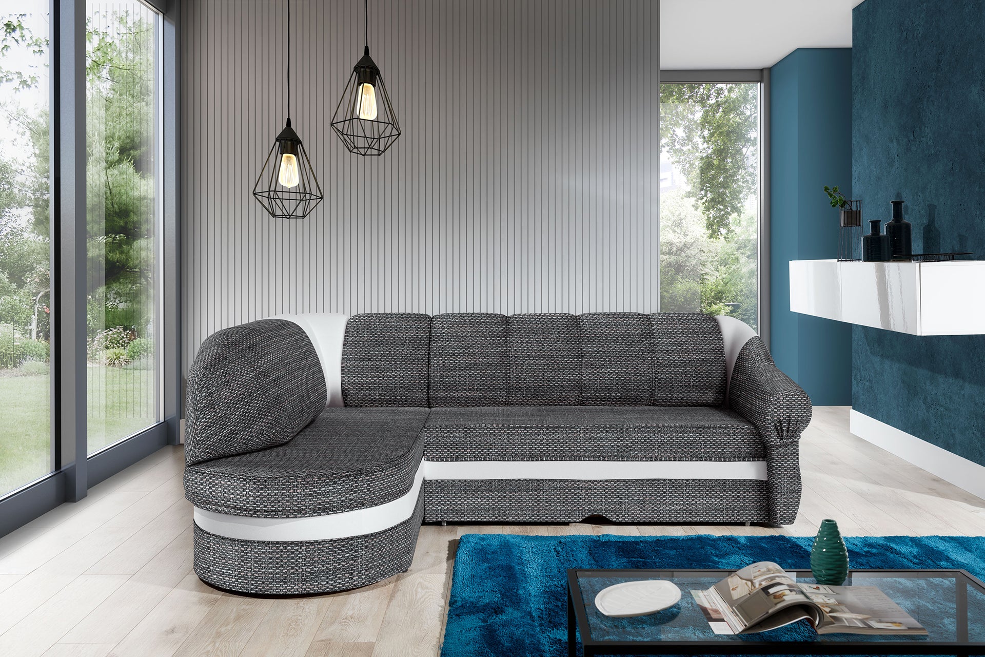 Narożnik Benano w salonie, Berlin 01 szary i Soft 17 biały, widok z przodu