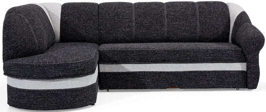 Narożnik Benano, tkaniny Berlin 02 czarny i Berlin 10 szary, widok z przodu na białym tle