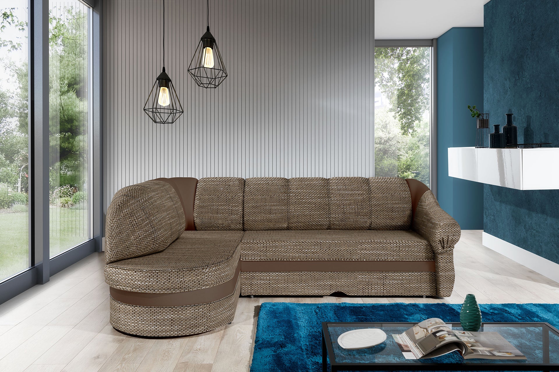 Narożnik Benano w salonie, Berlin 03 ciemnobeżowy i Soft 15 ciemnobeżowy, widok z przodu