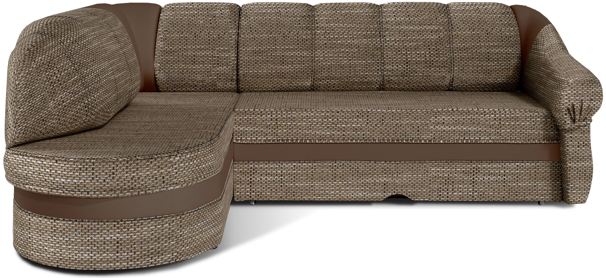 Narożnik Benano, Berlin 03 ciemnobeżowy i Soft 15 ciemnobeżowy, widok z przodu na białym tle