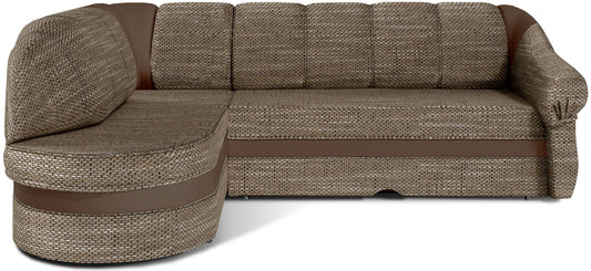 Narożnik Benano, Berlin 03 ciemnobeżowy i Soft 15 ciemnobeżowy, widok z przodu na białym tle