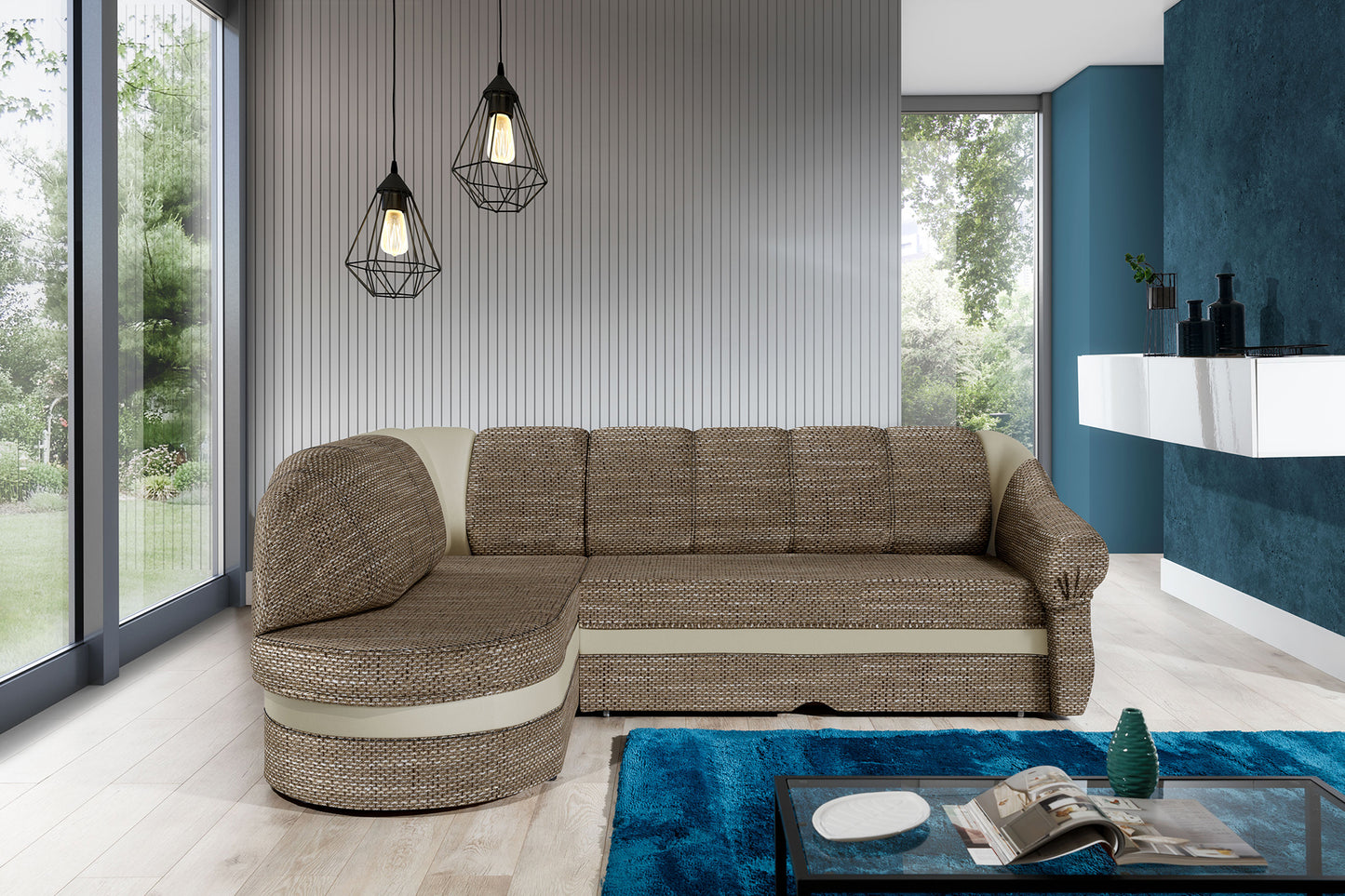 Narożnik Benano w salonie, Berlin 03 ciemnobeżowy i Soft 33 beżowy, widok z przodu