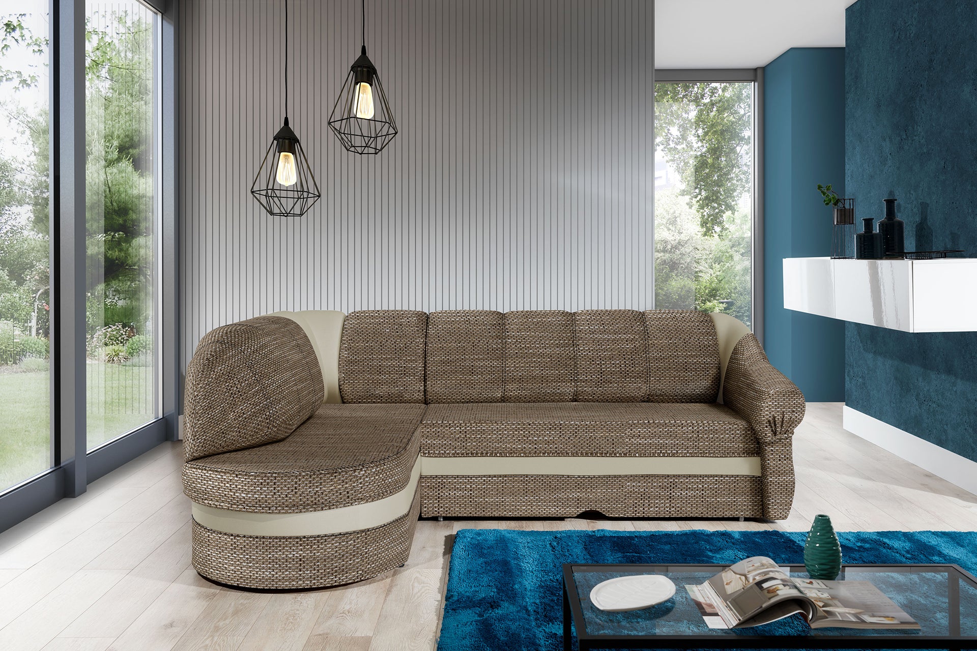 Narożnik Benano w salonie, Berlin 03 ciemnobeżowy i Soft 33 beżowy, widok z przodu