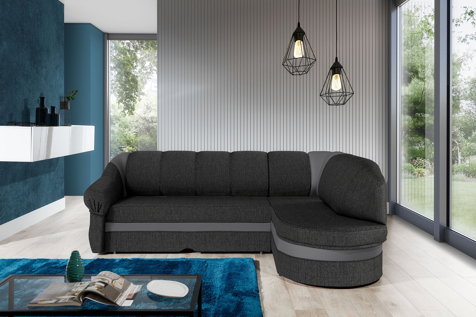 Narożnik Benano w aranżacji salonu, tapicerka Inari 96 ciemnoszara z wykończeniem Soft 29 szary