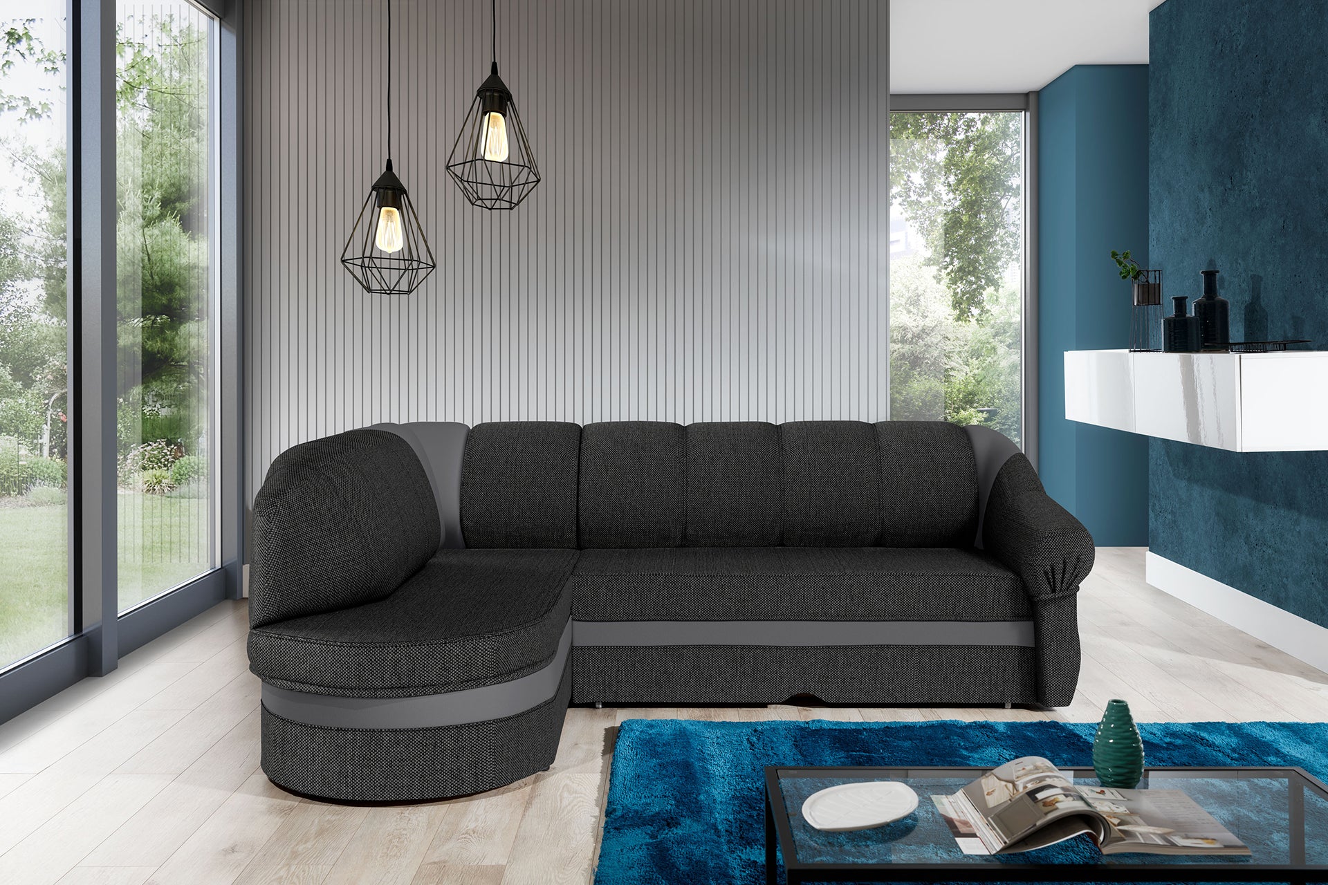 Narożnik Benano w salonie, Inari 96 ciemnoszary i Soft 29 szary, widok z przodu