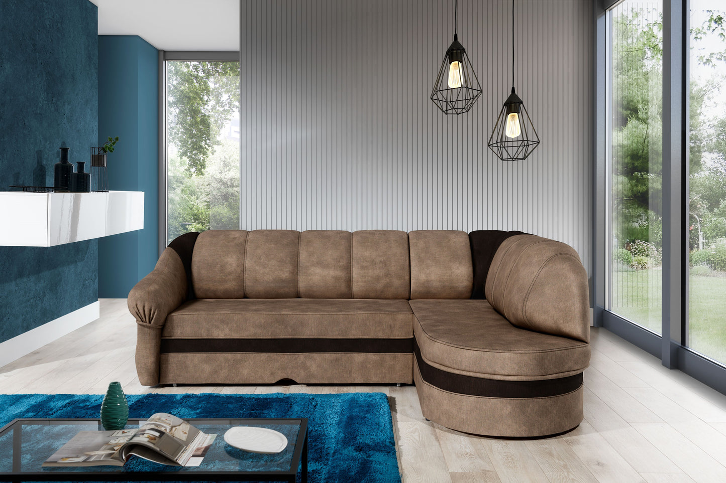 Narożnik Benano w aranżacji salonu, jasnobrązowy Monolith 09 z brązowym wykończeniem Monolith 29