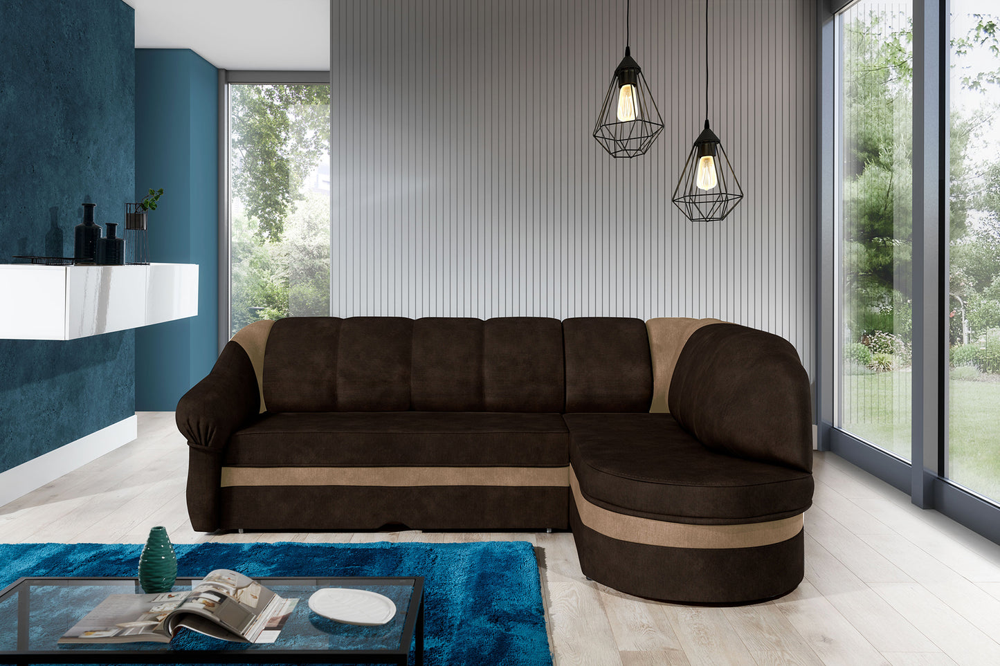 Narożnik Benano w aranżacji salonu, brązowy Monolith 29 z jasnobrązowym wykończeniem Monolith 09