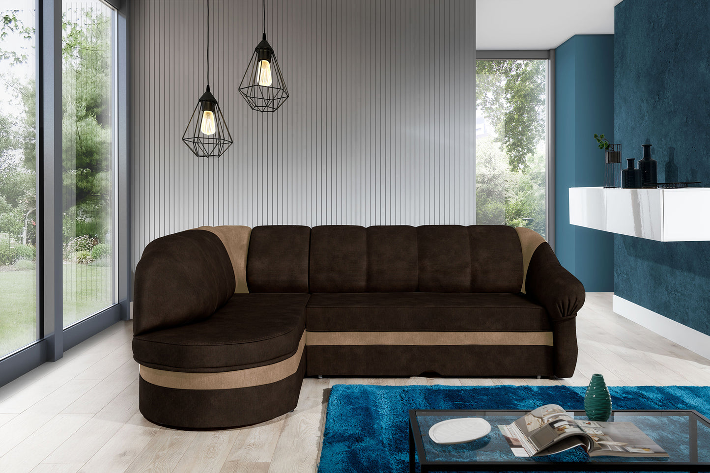 Narożnik Benano w salonie, Monolith 29 brązowy i Monolith 09 jasnobrązowy, widok z przodu