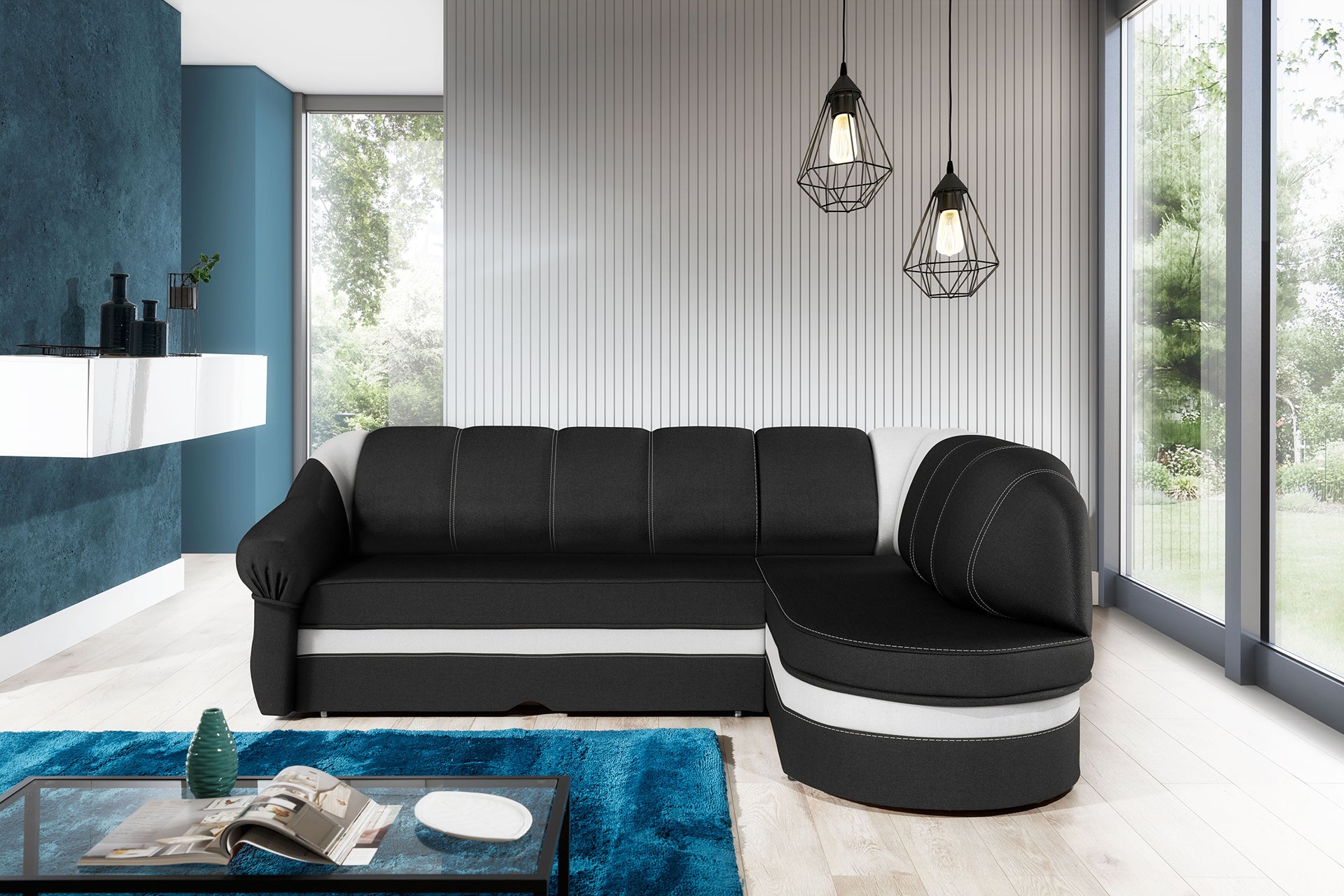 Narożnik Benano w aranżacji salonu, czarny Sawana 14 z białym wykończeniem Soft 17