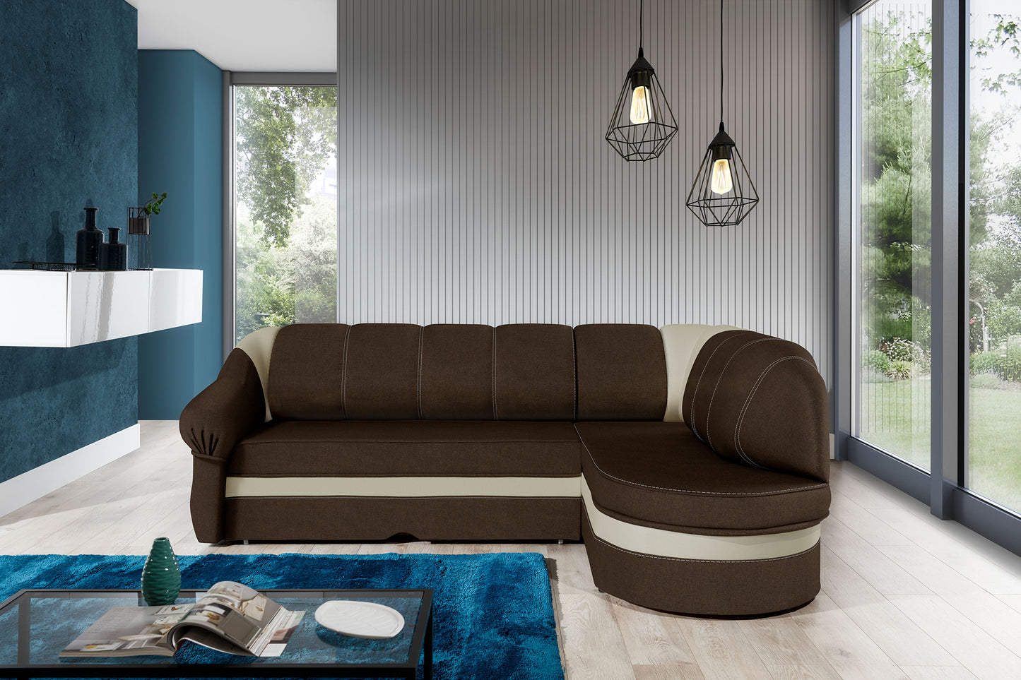 Narożnik Benano w aranżacji salonu, brązowa tapicerka Sawana 16 z beżowym wykończeniem Soft 33