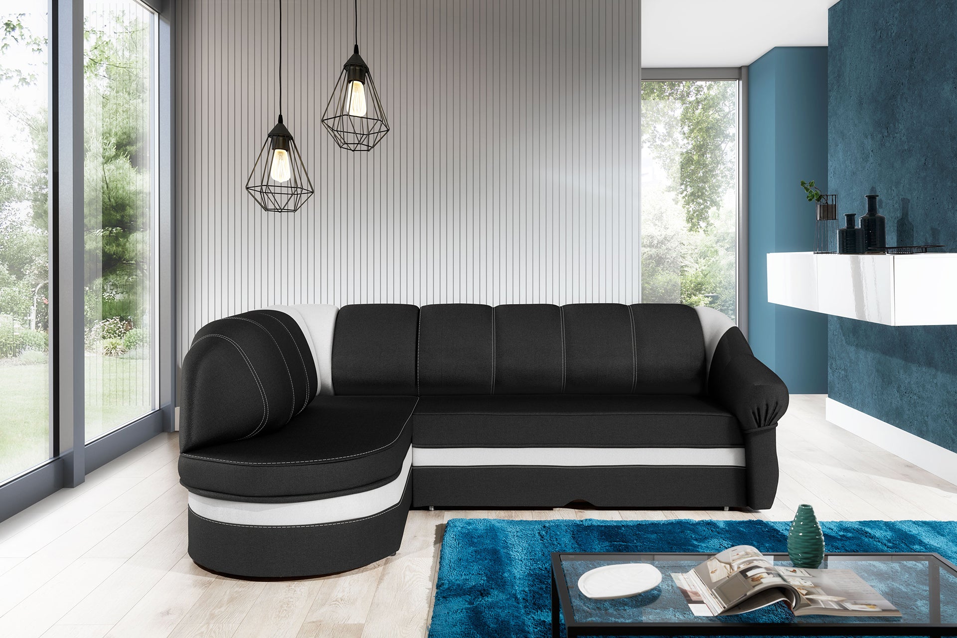 Narożnik Benano w salonie, Sawana 14 czarny i Soft 17 biały, widok z przodu