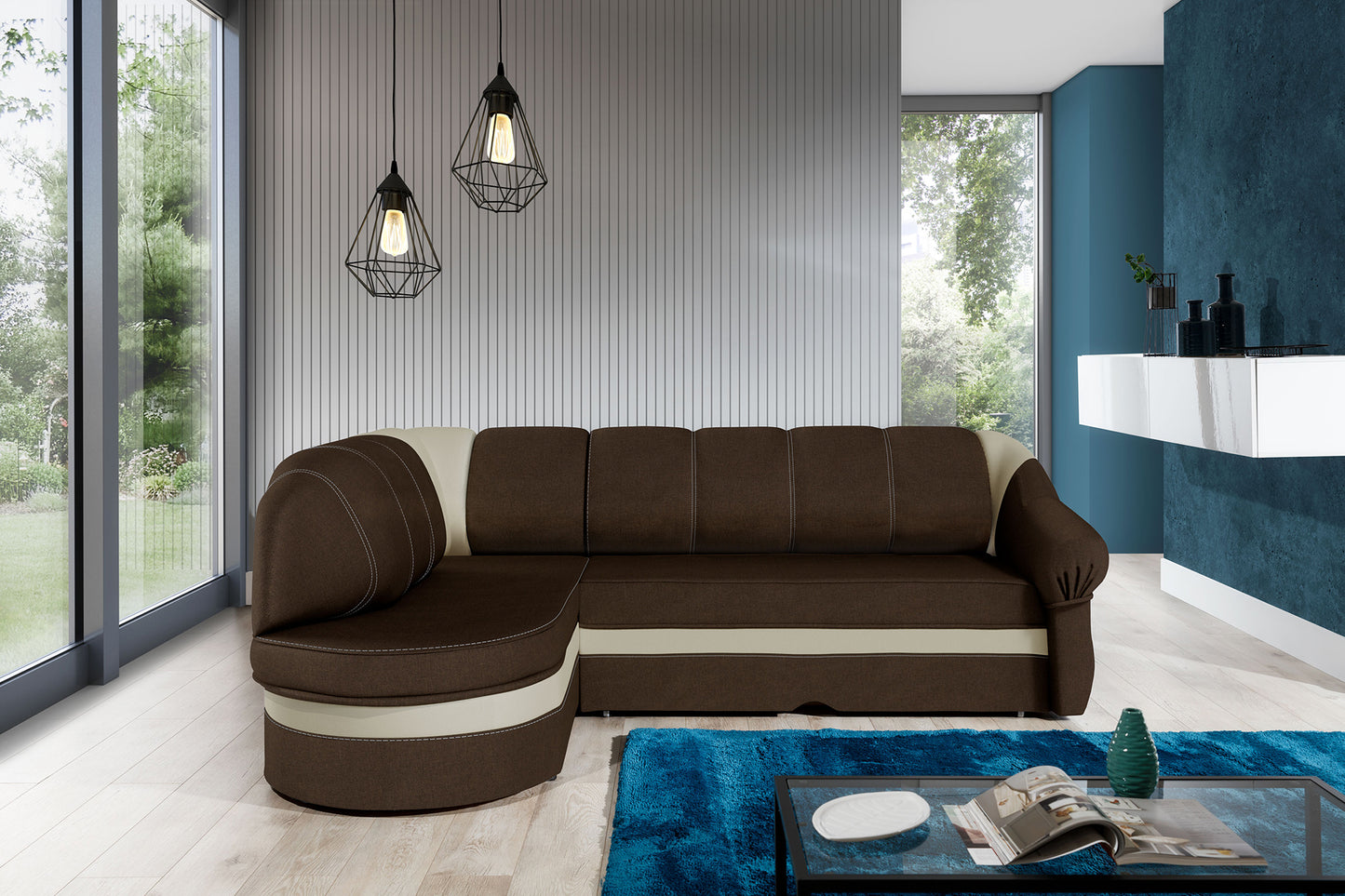 Narożnik Benano w salonie, Sawana 16 brązowy i Soft 33 beżowy, widok z przodu